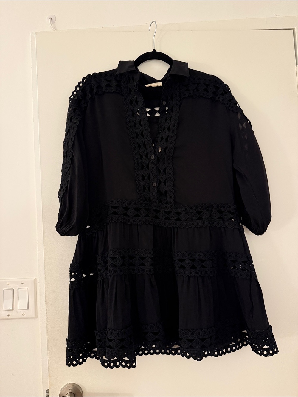 Elan Black Lace-Trim Tiered Mini Dress